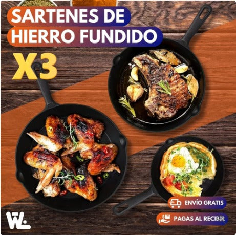 Juego X3 Sartenes Hierro Fundido Importados